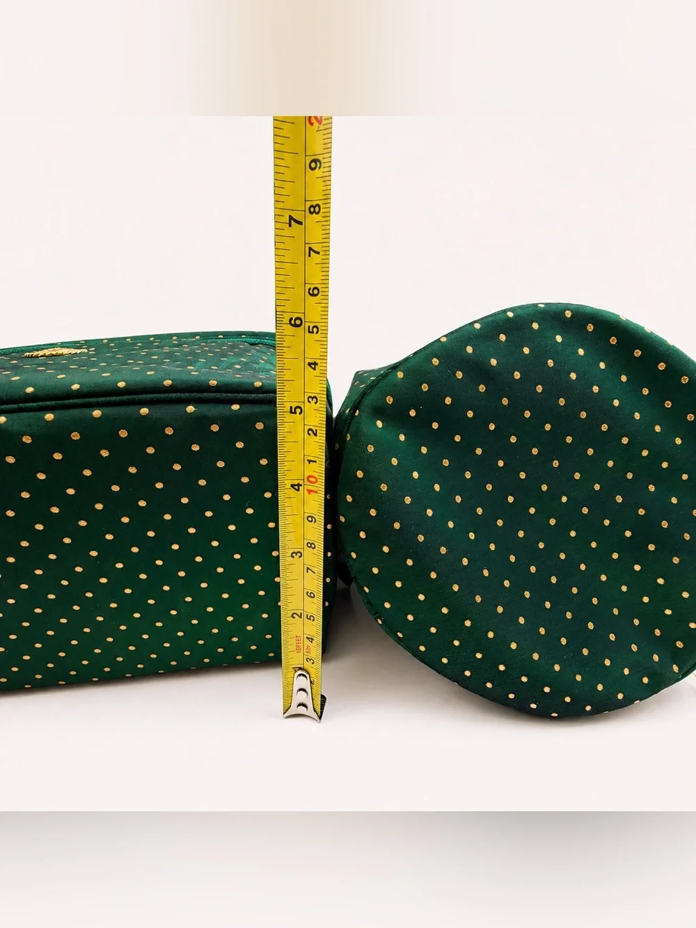 Vintage Dior Cosmetic Bag Set Green Gold Polka Dot NOS - Picture 14 of 16